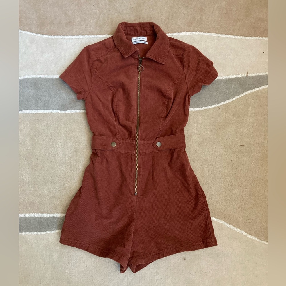 Brick Red Corduroy Zip Up Jumpsuit Romper 98% Cotton